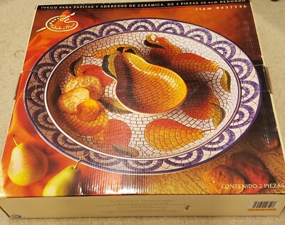 2 piece Ceramanic Chip  N Dip Set Mosaic Hand painted 16”/40CM Round  Clay Art-image