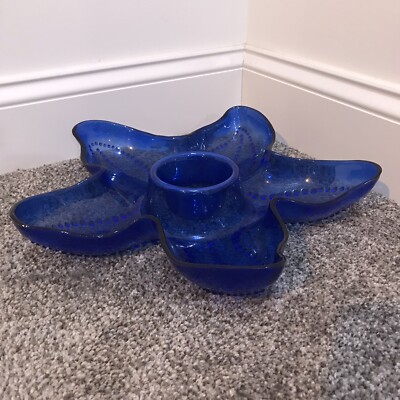 Vintage Large Acrylic Plastic Blue Starfish Beach Pool Nautical Chip & Dip Bowl-image