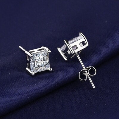 Silver Princess Cut Cubic Zirconia Square Earrings Stud-image