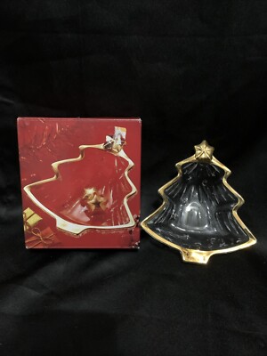 STUDIO NOVA YULETIDE SPIRIT WX025/503 TREE SHAPED GLASS CANDY DISH W/ GOLD TRIM!-image
