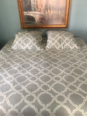 3 Piece Set Pottery Barn Duvet Cover & Shams Kendra Trellis King Sz 93 x 108 in.-image