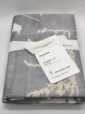 (2) NWT Pottery Barn Shadow Floral Botanical Organic Percale STANDARD Shams Gray-image
