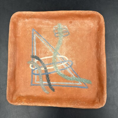 Vintage 1952 Red Clay Terra Cotta Geometric Square Plate Tray Art Studio Pottery-image