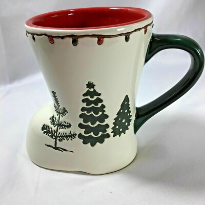 Potters Studio Boot Shaped Whimsical Embossed Christmas Trees Design Coffee Cup-image