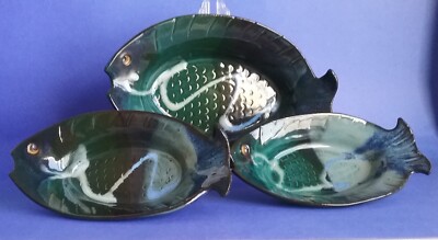 Signed Art Studio Pottery Fish Shaped Dishes Set of 3 -image