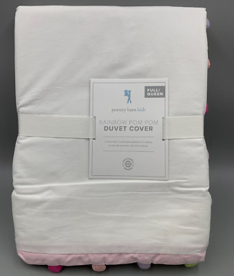 Pottery Barn Kids Girls Rainbow Pom Pom Duvet Cover White Multi Full Queen #N1-image