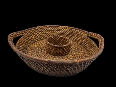 Woven Wicker Rattan Chip & Dip Bowl Serving Tray Handles Brown 13
