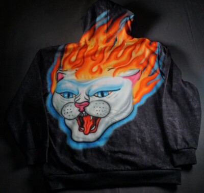 RipNDip Hoodie Adult XL Hell Ride Flame Airbrush Cat Gray Pullover Rip N Dip-image