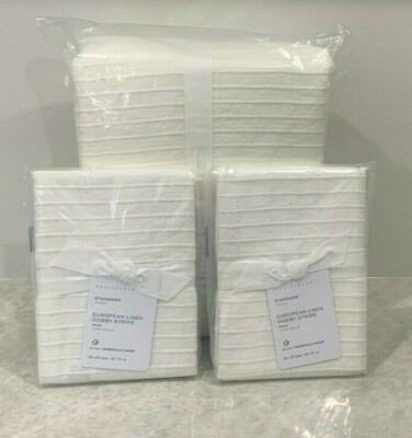 Pottery Barn European Striped Dobby Linen KING duvet 2 standard shams WHITE-image