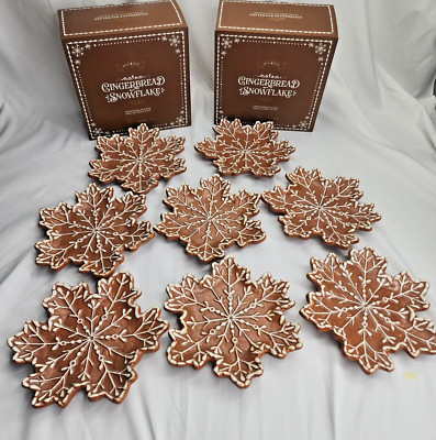 Pottery Barn Gingerbread Snowflake SET OF  8 Appetizer Plates NEW-image