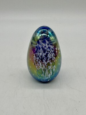 Glass Eye Studio Egg Shaped Iridescent Paperweight Multicolor Signed GES ‘93-image