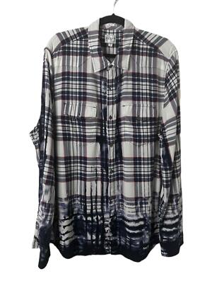 Guess Shirt Sz XL Blue White Red Windowpane Plaid Casual Dip Dye Collard Button-image