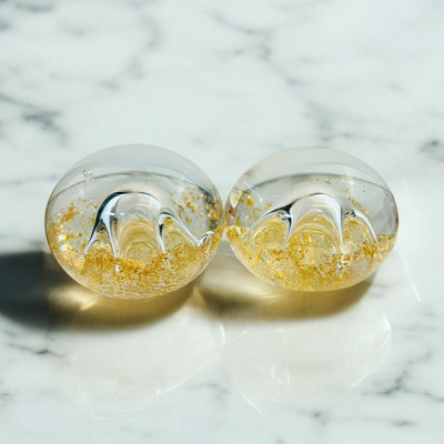 Two MCM 1970s Large Studio Art Glass Paperweights Gold Flakes Star Shaped Bubble-image