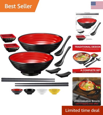 Japanese Style Ramen Bowl Set - 2 Large Melamine Bowls with Chopsticks & Spoon-image
