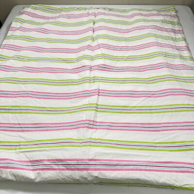 pottery barn kids duvet queen pink green stripes 100% cotton buttons-image