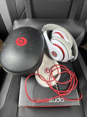Beats By Dre - Wired STUDIO Headphones Over Ear - White Red - With Case And Box-image