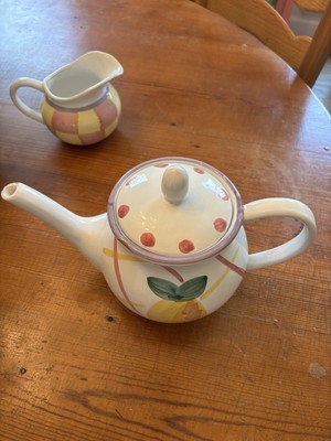 Pottery Barn Sunnyside Teapot And Creamer Lemon And Pink Yellow Check-image