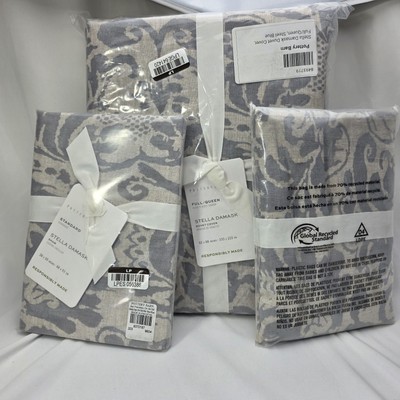 NEW Pottery Barn Stella Damask FULL QUEEN Duvet Cover ~Steel Blue & 2 Shams-image