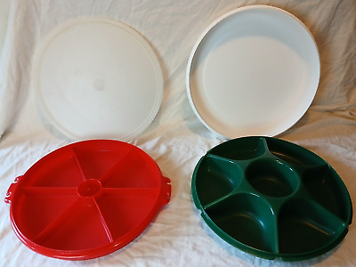 Vintage Tupperware Serving Dip Trays Red Green #405-9 & 1665-1 With Lids Lot-image
