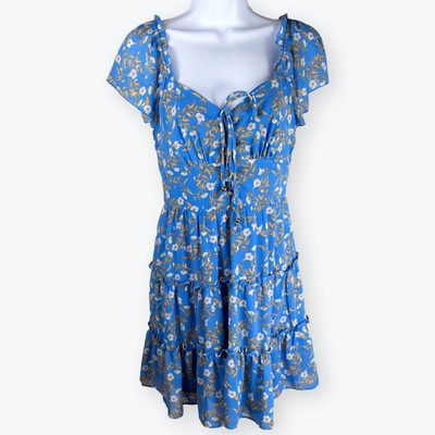 City Studio Boho Blue Gold Cream Floral Mini Dress M-image