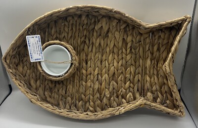 Water Hyacinth Large Fish Shaped Tray With Ceramic Dip Cup-image