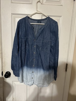J Jill Denim Shirt Button Up Dip Dye Ombre Roll Tab Sleeve Cotton Tencell SIze L-image