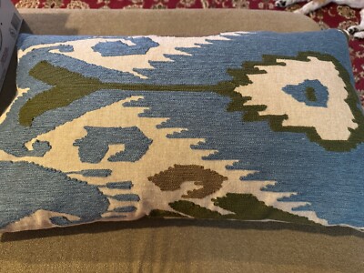 Pottery Barn Down Feather Lumbar Pillow 16x26 Blue Brown Beige Tones (BL)-image