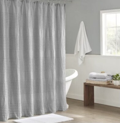 Madison Park Shower Curtain Gray Waffle Textured Fabric 72x72 NEW-image