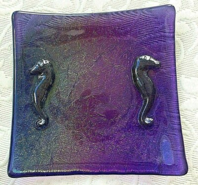 Stoddard Studio Fused Glass Square Iridescent Rainbow Dish w/ Seahorses 6x6 NEW-image