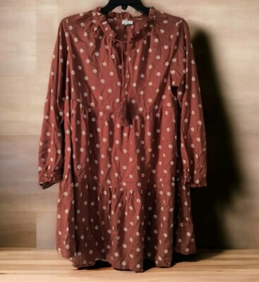 DIP Eco Friendly Brown Floral Tassel Tiered Long Sleeve Dress Women's XL-image