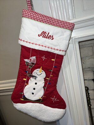 Pottery Barn Kids MILES Red Quilted Christmas Stocking Snowman Monogram Lights-image