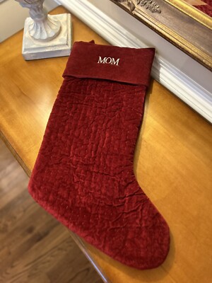 Pottery Barn Channel Quilted Velvet Stocking Red LARGE Mono “MOM” NWOT OPEN BOX!-image