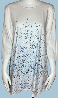 purejill Women’s 3/4 Sleeve White/Blue/Gray Abstract Dipped-Hem Print Tee XL-image
