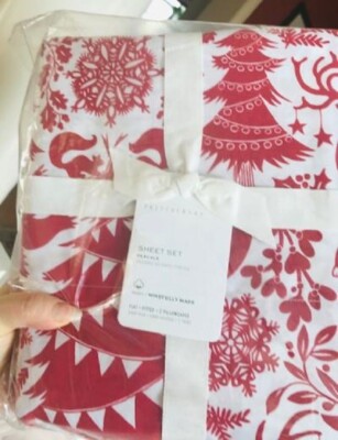 Pottery Barn Nordic Christmas Sheet Set Cal King Red Scandinavian Holiday 4pc🦩-image