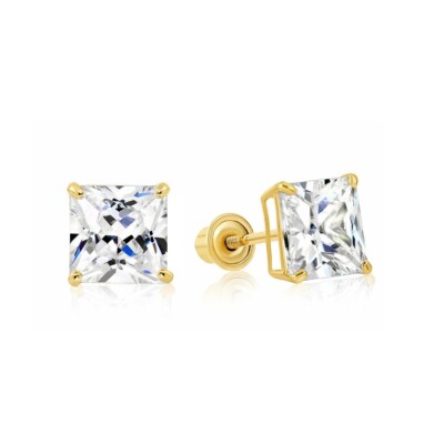 4.00CT Princess Simulated Diamond Square Stud Screwback Earrings 14K Yellow Gold-image