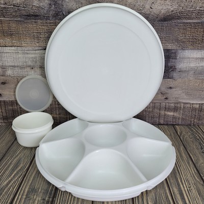 Tupperware Divided Veggie Serving Center Party Tray 1665 Dip Bowl/Lid White EUC-image