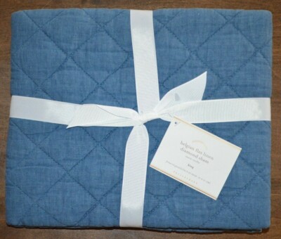 Pottery Barn Belgian Flax Linen Diamond King Pillow Sham Bluejay Stellar Blue-image