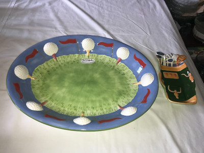 NOS 2pc CLAY ART 2001 Hand Painted GOLF Ball BAG Tee CHIP & DIP Serving PLATTER-image