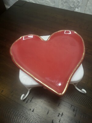 Studio B Herat Shaped Red Trinket Trinket Tray Dish Gold Tone Edge-image