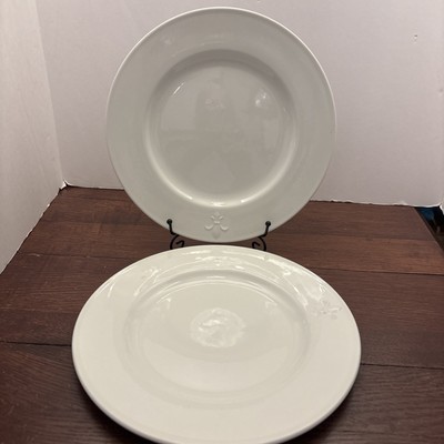 PBA36 By Pottery Barn White Hotel Embossed Fleur De Lis 11” Dinner Plates Set 2-image