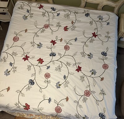 Pottery Barn Embroidered Floral Crewel Duvet Cover ~ Full Queen-image