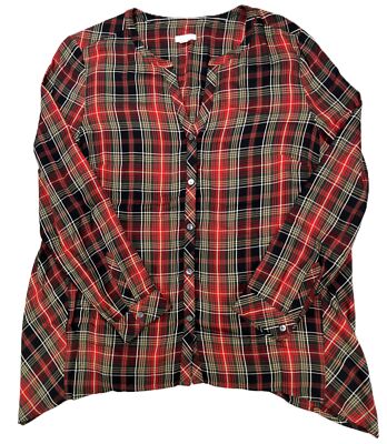 J. Jill Women's Plaid Button Down Dipped Hem Tunic 90's Retro Red Black Size L-image