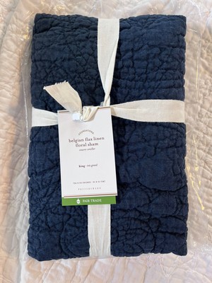 Pottery Barn King Size Flax Linen Floral Sham Dark Blue Indigo-image