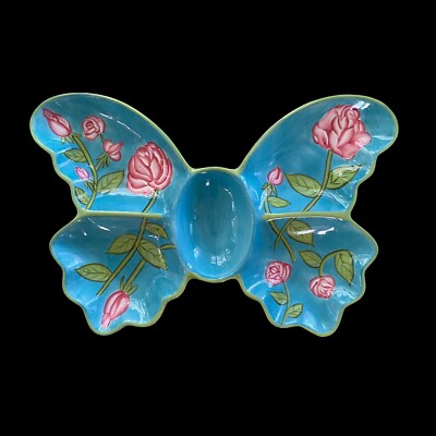 Ceramic 4 Sections Butterfly Shaped Party Platter/Chip Dip Dish— Hand Painted-image