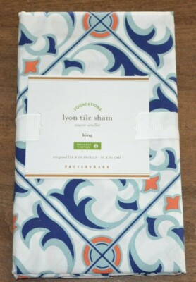 Pottery Barn Lyon Tile King Pillow Sham NEW Organic Mediterranean Blue White-image