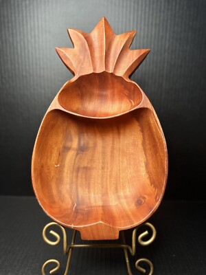 Large Pineapple Hawaiian Wooden Carved Chip & Dip Bowl Kamaui Wood2 Sections MCM-image
