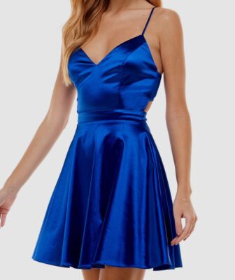 City Studio Junior Women's Blue Satin Fit & Flare Dress Size 13-image