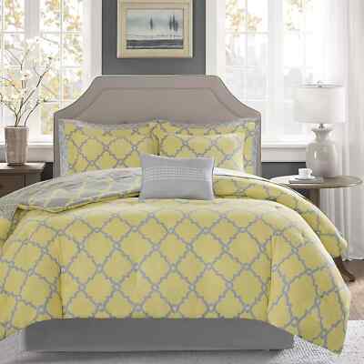 Madison Park Full size 9 Piece Comforter SET Reversible Grey Yellow with Sheets-image