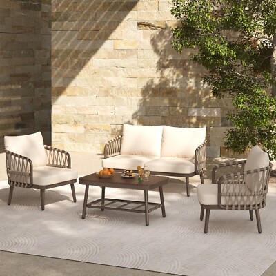 4-Piece Patio Furniture Set Outdoor Rope Woven Sofa Chairs & Table w/ Cushions-image