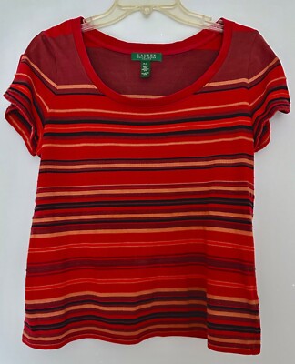 Ralph Lauren 100% Cotton Striped Dip Round Neck Short Sleeves Top Petite Large-image